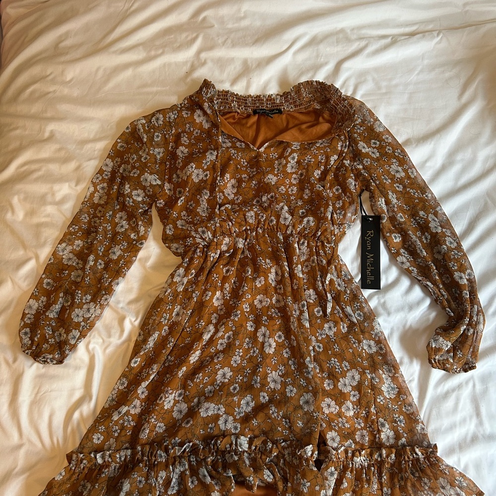 Brown and White Smocked Tiered Midi Dress